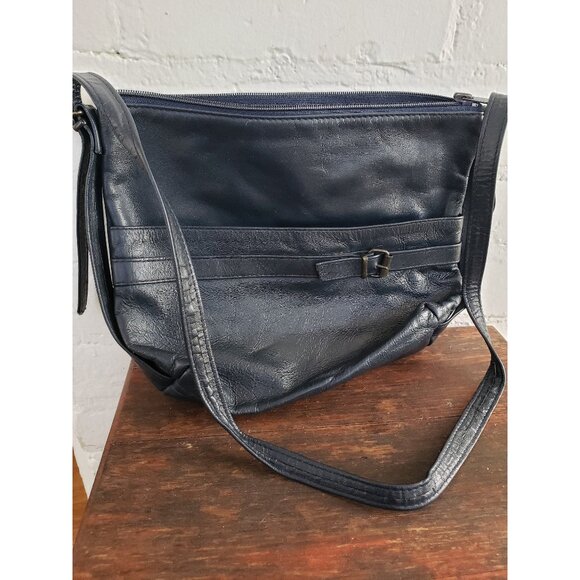 Dark Blue Leather Shoulder Bag with front Buckle and Pouch Vintage Leather Purse - Picture 1 of 10